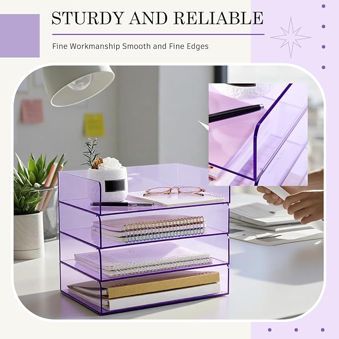 Harloon 4 Tier Clear Purple Acrylic Paper Organizer Letter Tray, Aesthetic Stackable Desk File Organizer Paper Holder Office Tray for A4, Modern Classroom Home Office File Pad Books Notes - Image 6