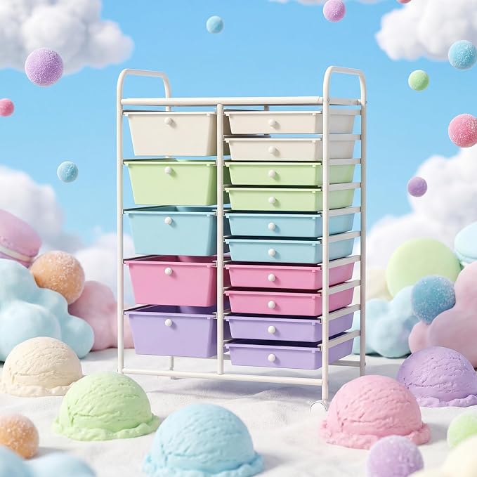 COSTWAY 15 Drawer Rolling Storage Cart, Mobile Storage Organizer | Removable Drawers & Metal Frame, Multipurpose Utility Tools Paper Organizer on Wheels for Home, Office (Ice Cream Colorful) - Image 6