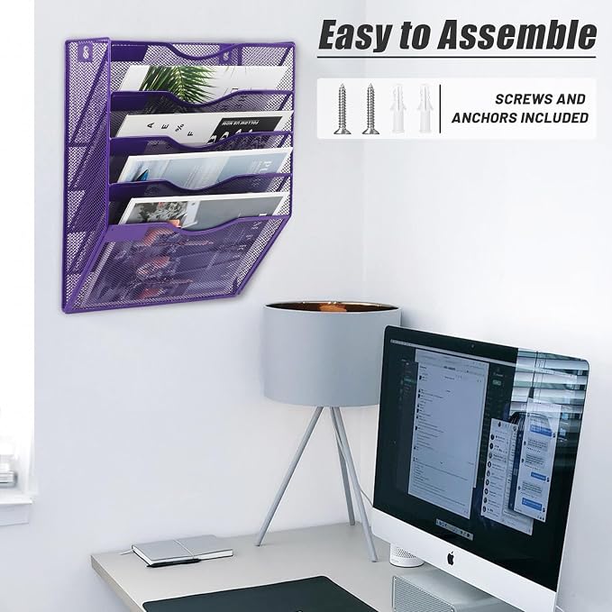 5 Pocket Mesh Hanging Wall File Organizer, Wall Mounted Mail Paper Document Folder Holder, Clipboard Storage Organization Magazine Rack with Nametag Label for Office Home School, Purple - Image 5