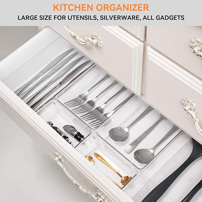 8 Pack Drawer Organizer for Kitchen Gadgets, Large Clear Plastic Drawer Divider for Kitchen Accessories, Bathroom Organizers and Storage, Home Essentials for Makeup and Vanity Accessories - Image 6