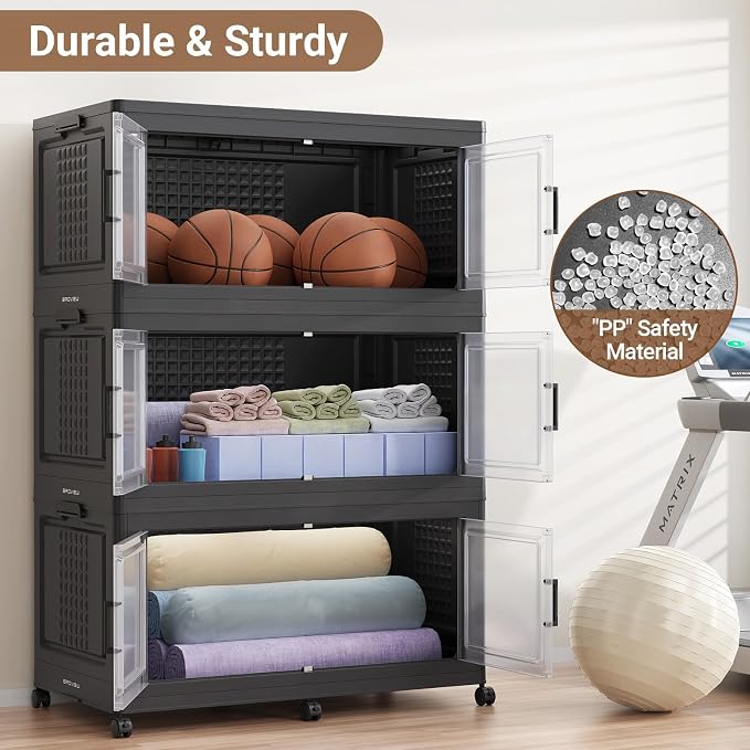 BROVIEW 600 Qt Stackable Storage Bins Foldable Cabinet, V40 Black 3-Pack | Extra Large Collapsible Storage Bins with Lid Doors Wheels Dividers, Closet Organizers and Storage Drawer for Home Office - Image 8
