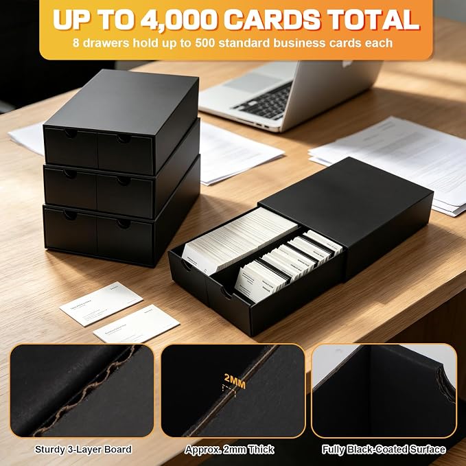 Business Card Storage Box 4 Pack, Stackable Business Card Organizer with 8 Pull-Out Drawers and Labels, Holds Up to 4000 Cards, Black Corrugated Desktop Filing Boxes - Image 7