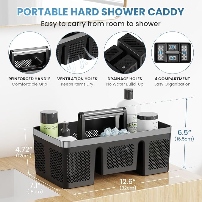 BYUNER 2Pack Plastic Shower Caddy: Portable Hard Bathroom Basket Tote with Handle, 4 Divided Compartments, All-Side Drainage, Non-Mesh Shower & Cleaning Caddy Organizer for College Dorm, Black/Silver - Image 8