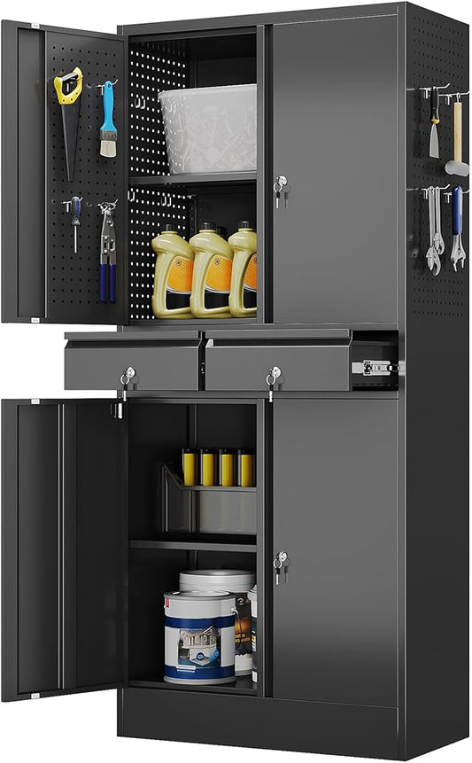 Garage Storage Cabinet with 2 Drawers and Pegboard, Locking Metal Storage Cabinet with Doors and 2 Adjustable Shelves, 71" H Steel Tool Cabinets for Garage, Home, Black, Assembly Required