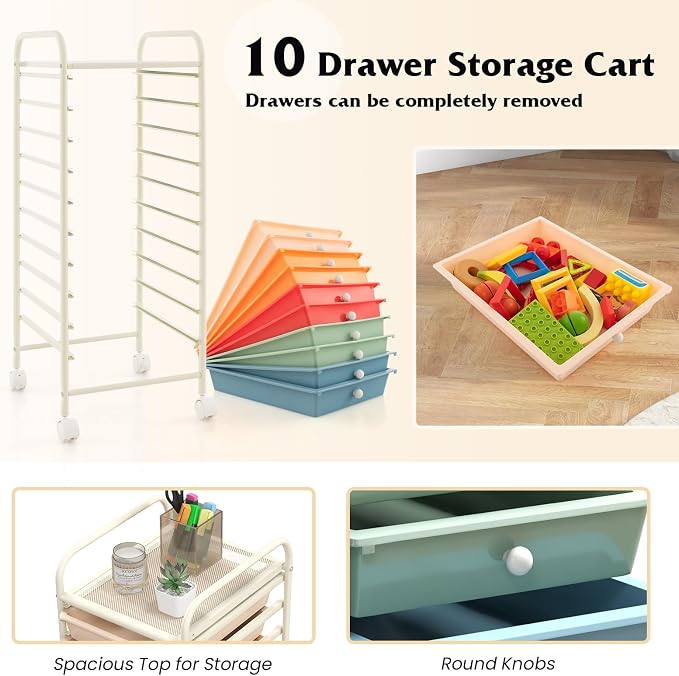 Giantex 10-Drawer Rolling Storage Cart w/Wheels, Handle, Removable Drawers, Mobile Organizer Storage Unit, Trolley Utility Cart for Home Kitchen Makeup Living Room Office Play Room - Image 7