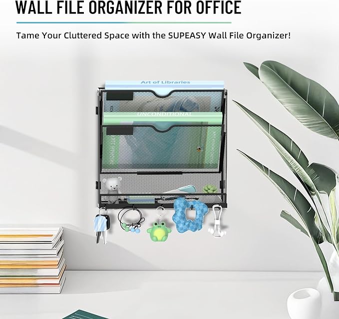 3-Tier Wall File Organizer with 5 Hooks, Wall Mounted Mail Organizer | File Holder Organizer, Metal Mesh Office Wall Organizer for Home, School & Classroom - Image 4