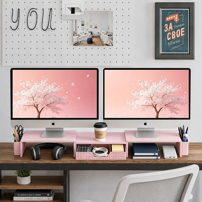 LEKETREE Dual Monitor Stand Riser with Drawer, Desk Organizer and Accessories, Monitor Stand for Desk, Desktop Stand for Computer, Laptop, TV and More (Pink) - Image 3
