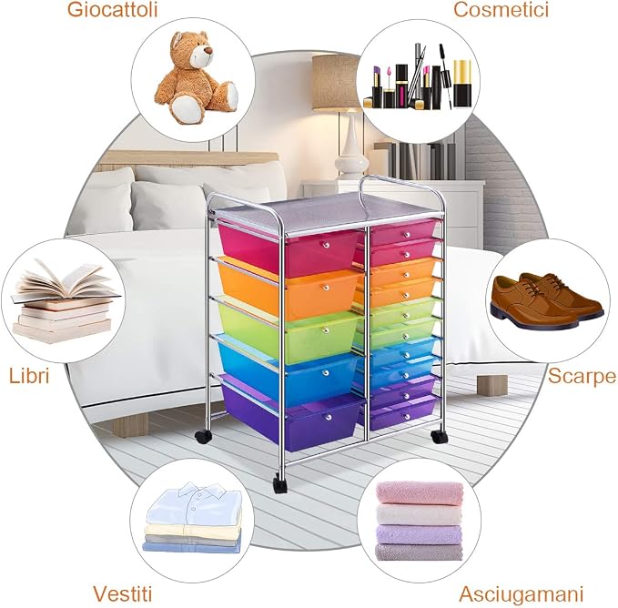 DORTALA 15-Drawer Rolling Storage Cart with Drawers, Rolling Utility Cart w/Removable Drawers & Universal Wheels, Tools Scrapbook Paper Organizer for School, Office, Home, Classroom (Rainbow) - Image 6