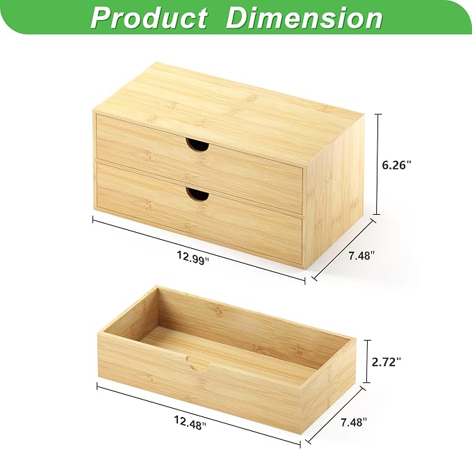 Bamboo Desk Organizer with Drawers, Desktop Storage Box for Office Supplies | 2 Drawers Desktop organizer, No Assembly Required, Natural Wood Wooden Desktop Drawers for Bills, Cosmetics, Seals, Paper - Image 3