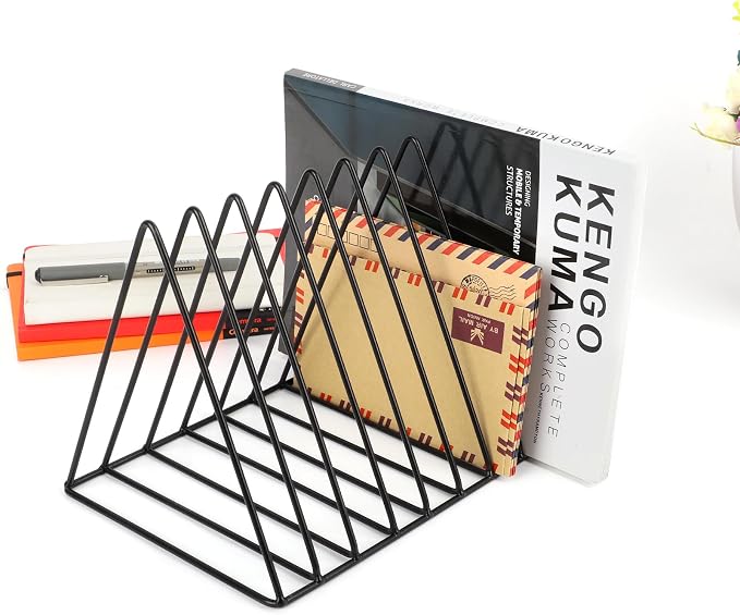 Vinyl Record Holder Storage, 9 Slot Metal Magazine Book Album Display Rack, Stylish Triangle Desktop File Sorter Organizer for Home Office, Black Pack of 3 - Image 4