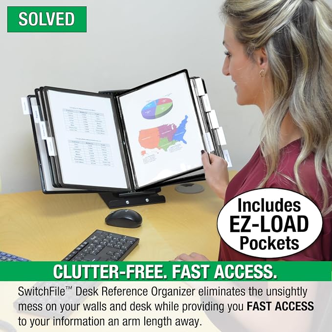 Ultimate Office SWITCHFILE 10-Pocket Reference Display Organizer Black Pkts | Compact Weighted Metal Base For Wall or Desktop Use Portrait or Landscape Display -10 EZ-Load Pockets / 20 Letter Size Sheets - Image 3