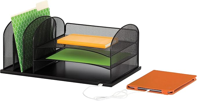 Safco Products 3231BL Onyx Desktop Organizer with USB Charging Port, 3 Section File Sorter, 3 Paper Trays, Durable Steel Construction, Black - Image 3