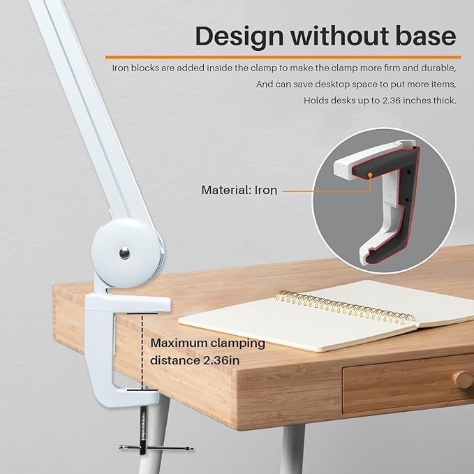 24W LED Desk Lamp with Clamp, 5 Dimming Modes, 5 Color temperatures up to 6000K, 2200 Lumens High Brightness Working Lamp with 182 Pcs LED(White, CCT)