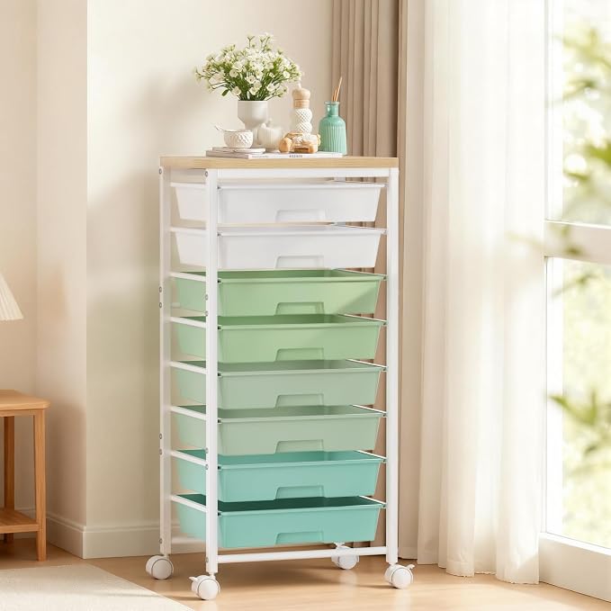 Rolling Cart with 8 Drawers, Plastic Drawer Storage Carts with Wheels & Wooden Tabletop, Metal Utility Cart Organizer for Bedroom Living Room Office Classroom Craft Organization and Storage, Green by TimeForest