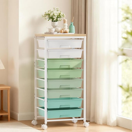 Rolling Cart with 8 Drawers, Plastic Drawer Storage Carts with Wheels & Wooden Tabletop, Metal Utility Cart Organizer for Bedroom Living Room Office Classroom Craft Organization and Storage, Green by TimeForest