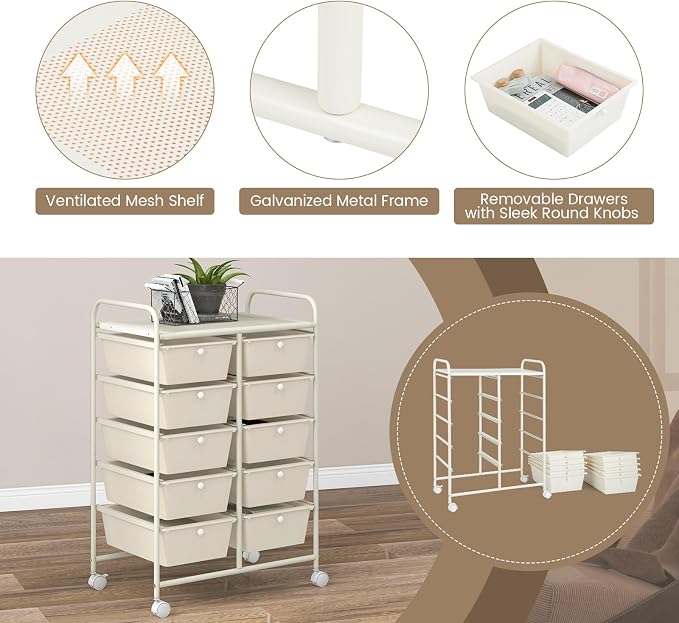COSTWAY 10 Drawer Rolling Storage Cart, Utility Cart with Lockable Wheels | Mobile Art Supply Craft Organizer with Metal Frame, Multipurpose Drawer Cart for Paper for Office, School, White - Image 6
