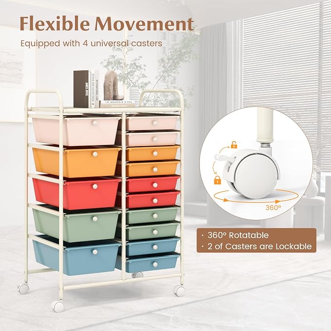 COSTWAY 15 Drawer Rolling Storage Cart, Mobile Storage Organizer | Removable Drawers & Metal Frame, Multipurpose Utility Tools Paper Organizer on Wheels for Home, Office (Macaron) - Image 5