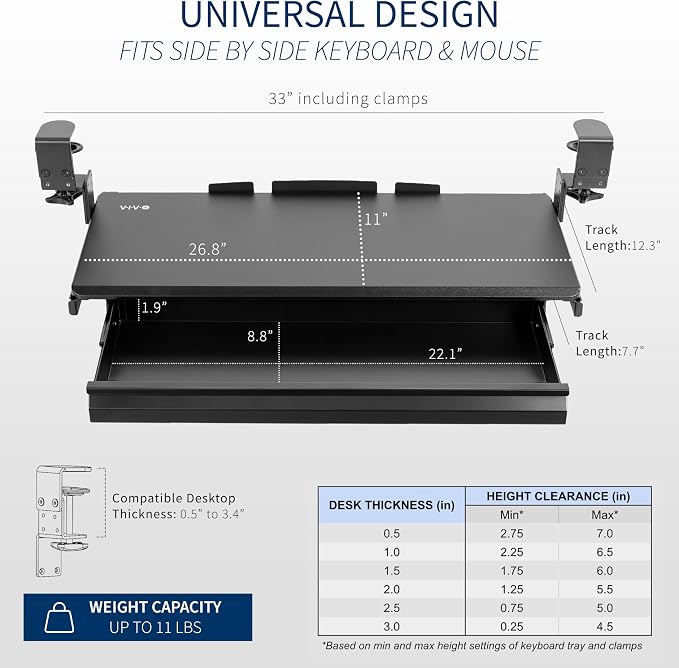 VIVO Large Height Adjustable Clamp-on Keyboard Tray, Extra Sturdy Pull Out Platform with Storage Drawer, 27 (33 Including Clamps) x 11 inch Slide-Out Tray with Organizer, Black, MOUNT-KB05HB-DR - Image 3