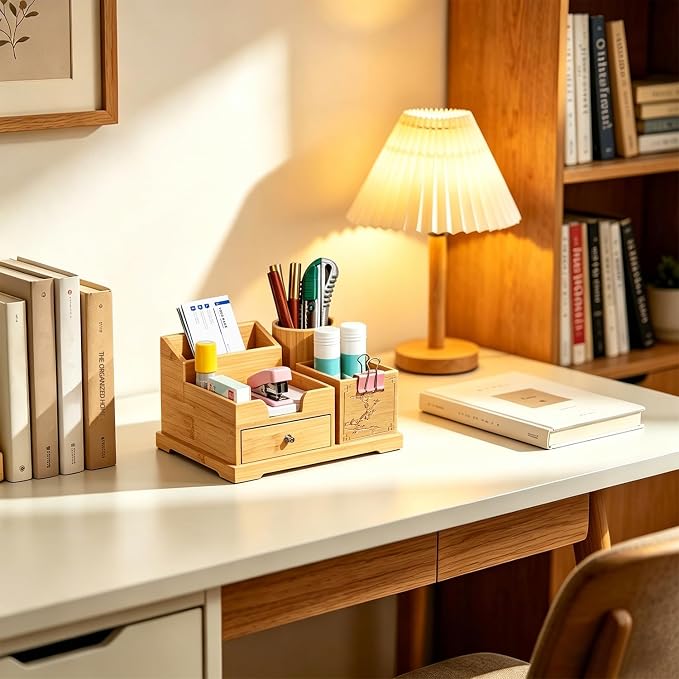 Bamboo Desk Organizer with Drawer & Pen Holder, Office Desk Caddy Storage | Natural Bamboo Wooden Desk Organizers and Accessories with Drawers Multi-Compartment Desktop Storage for Office Home Supplies - Image 5