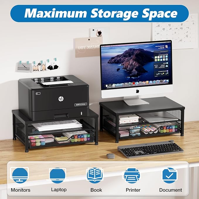Computer Monitor Stand Riser, Desk Organizer with Drawer, Printer & Laptop Stand, Office Desk Accessories & Workspace Desktop Organizers Storage for Office Supplies(Black 2-Pack) - Image 7