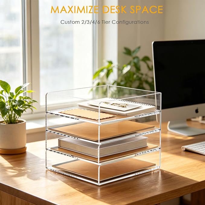Acrylic Paper Organizer Letter Tray, Stackable Desk Organizer, 4-Tier | Desk Organizers and Accessories, Vertical File Tray, Workspace Office Supplies Organizer for Office Classroom Home, Clear - Image 4