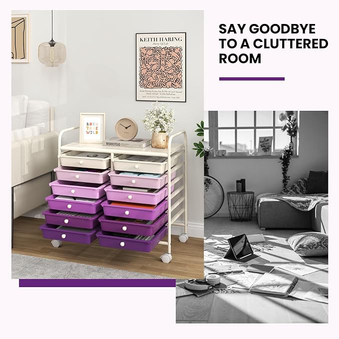 Giantex 12 Drawers Rolling Cart, Mobile Storage Drawer Cart, Classroom Organizer Cart for Office School Supplies Tools Scrapbook Paper Craft Small Printer, Utility Cart on Wheels, Purple Gradient - Image 9