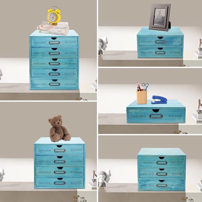 Wooden Desktop Organizer, 5PCS Retro Storage Cabinet Box with Drawers, Mini Tabletop Craft Box Cosmetic Storage Drawer, Portable Desk Letter Mail Sorter for Office Home (Blue) - Image 4
