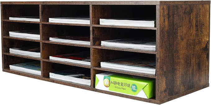 Mail Sorter, Wooden Countertop Literature Organizer, Student & Desktop Bill Paper Organizer, 12 Compartments, Antique Brown by PAG