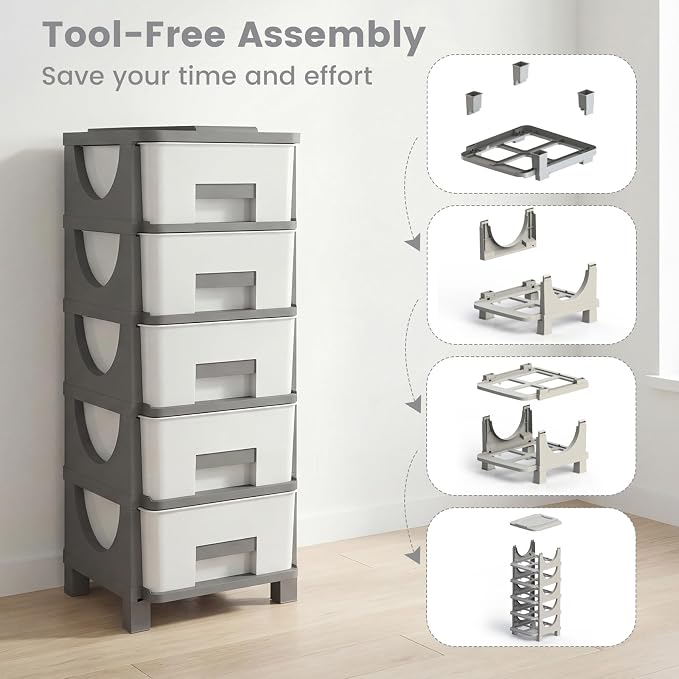 Giantex 5-Drawer Storage Organizer, Plastic Storage Tower with Drawers, Multi-Purpose Container Box for Office, Bathroom Living Room, White+Grey - Image 5
