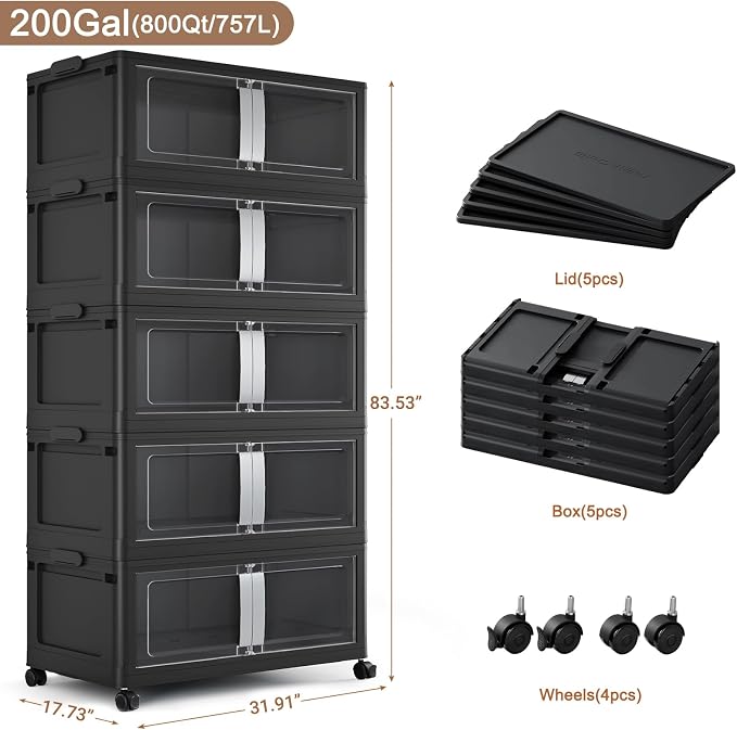 BROVIEW 800QT Stackable Storage Bins with Lids, 200Gal Extra Large Collapsible Storage Box with Wheel, Plastic Storages with Clear Door Open Front for Home Kitchen Garage, Black-5pack(5 lids) - Image 2