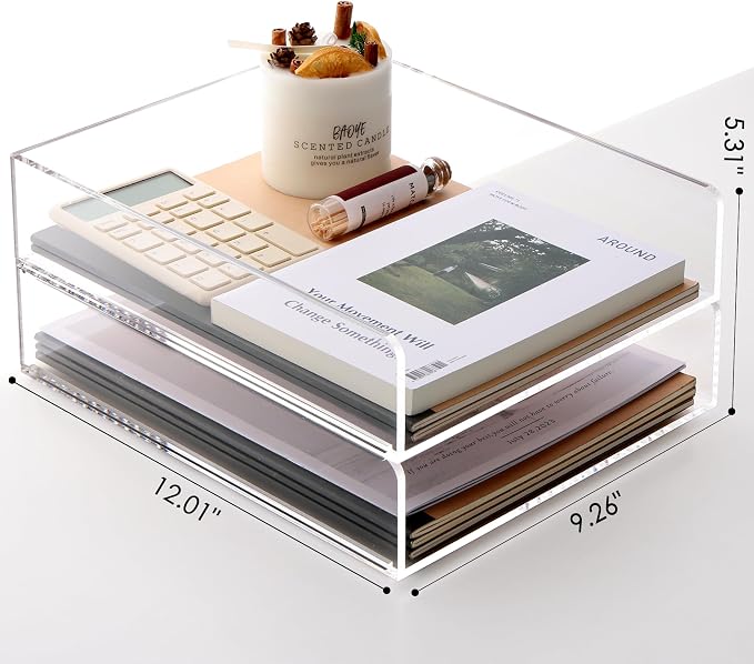 SANRUI Stackable Acrylic Desk Organizer, Paper Tray Organizer, 2-Pack | Desk Organizers and Accessories, File Organizer for Letter Book A4 Office File Folder Holder 12 x 9.26 x 5.3 inches, Clear - Image 2