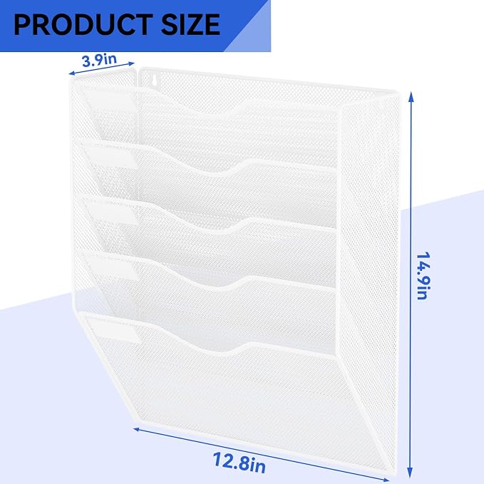 5 Pockets Hanging Wall File Organizer Mail Holder, Wall Mounted Paper Document Folder Holder, Clipboard Storage Organization Magazine Rack, White - Image 3