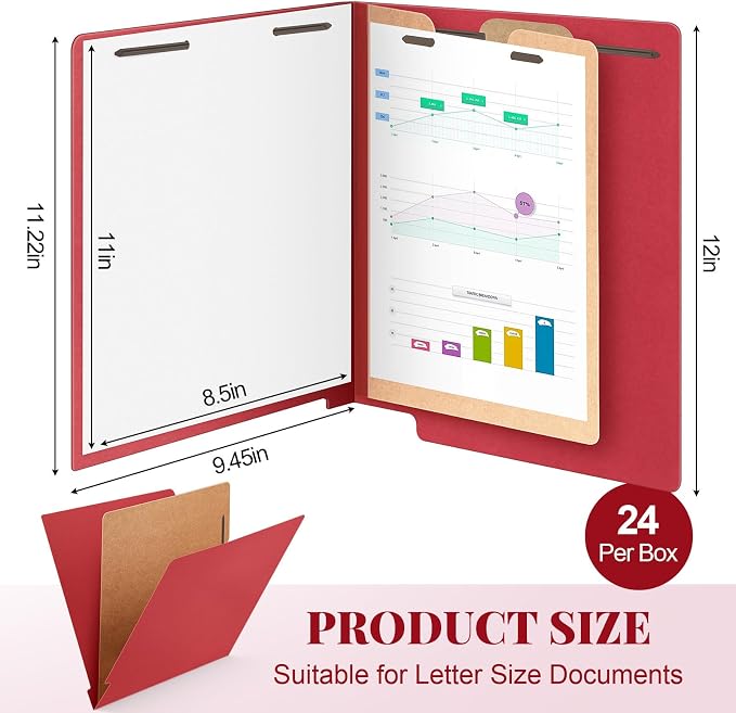 Skyygemm 24 Pack Classification Folders, Letter Size,1 Dividers,Red | Pressboard File Folders, 2 Prong Fasteners, 2" Expanding, Manila, End Tab, for Office School Legal Records Medical - Image 2