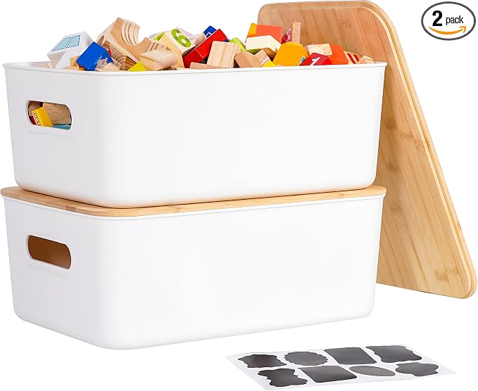 Citylife Storage Bins with Bamboo Lids 16QT Plastic Storage Containers Stackable Organizer Boxes with Handle for Desk Snacks, Toys, 2 PCS, 15" L x 10.6" W x5.8 H by CITYLIFEHomeOrganization