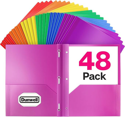 Dunwell Plastic 2 Pocket Folders with 3 Prongs, (48 Pack, Assorted Colors), 3-Clasp Folders with Fasteners, Tear-Resistant, Long Lasting Acid-Free Poly, Includes Labels by Dunwell