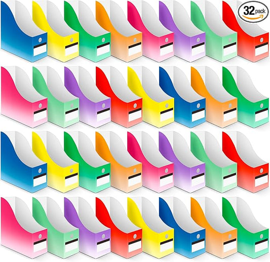 32 Pcs Magazine File Holder Set Including Colored Foldable Desk File Holder Organizer White Label Stickers Cat Pen Cardboard Magazine Storage Box for Document School Office (Gradient,Classic) by Jutom