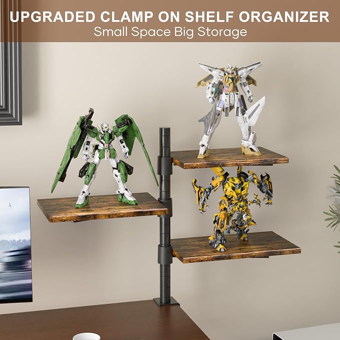 3 Tier Clamp On Desk Shelf - Over Or Under Table Clamp Shelf,360° Rotatable Desk Storage for Home Office, Gaming Devices,Storage Tray,and More, Rustic Vintage Brown Desktop Shelves - Image 4