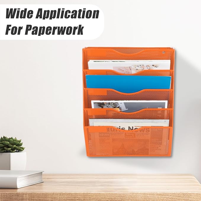5 Pocket Mesh Hanging Wall File Organizer, Wall Mounted Mail Paper Document Folder Holder, Clipboard Storage Organization Magazine Rack with Nametag Label for Office Home School, Orange - Image 6