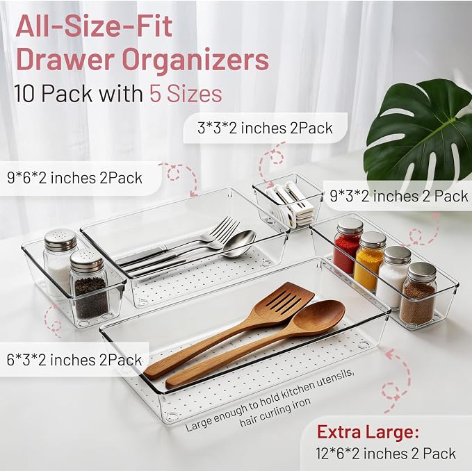 Drawer Organizer, 10 Pack Large Clear Plastic Organizer Bins 5 Sizes, Versatile Bathroom Drawer Trays, Heavy Duty Non‑Slip Drawer Dividers for Makeup, Office & Kitchen Utensils - Image 2