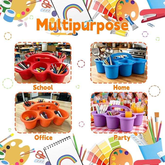 6 Pack Classroom Caddy Organizer with Handle Multicolor Plastic Table Caddy 6 Compartments Storage Cup Holder for School Supplies Art Crafts Crayons Pencils Stackable Desk Caddy for Office - Image 7