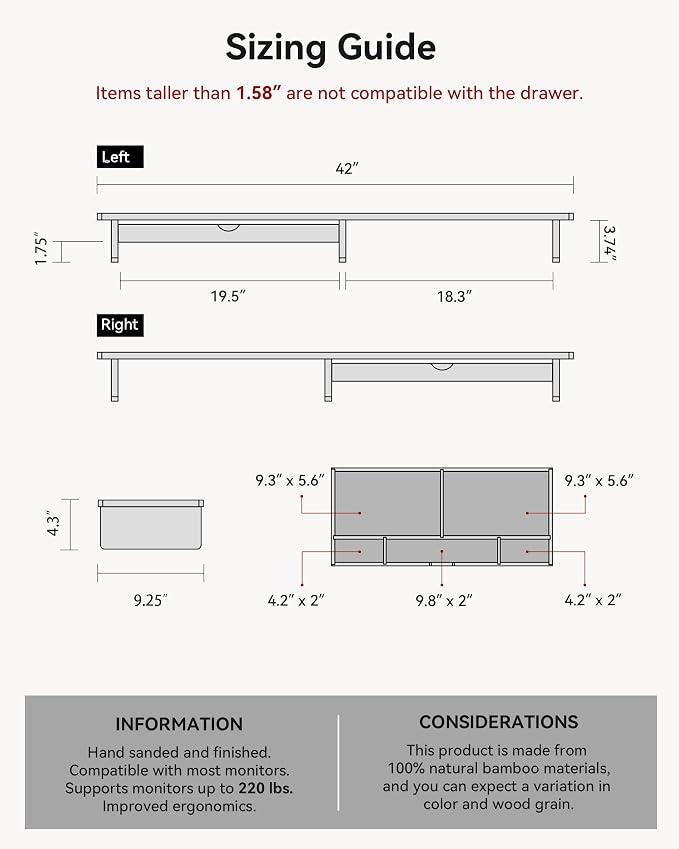 42” Monitor Stand with Large Drawer Keyboard Storage,Dark Bamboo | dual Computer monitor riser shelf for 55-72 inch desk aesthetic workplace computer setup desktop organizer easy assembly - Image 5
