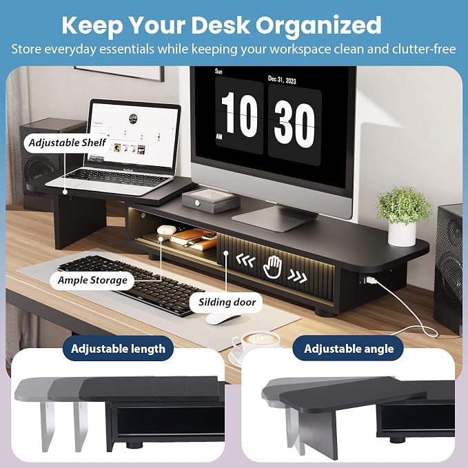 Artswish Dual Monitor Stand with Power Outlet, Black Desk Monitor Riser | 2 AC Outlets & 2 USB Ports, RGB Lighting, Sliding Storage, Flexible Side Shelf, Desk Riser for Work Study Gaming - Image 4