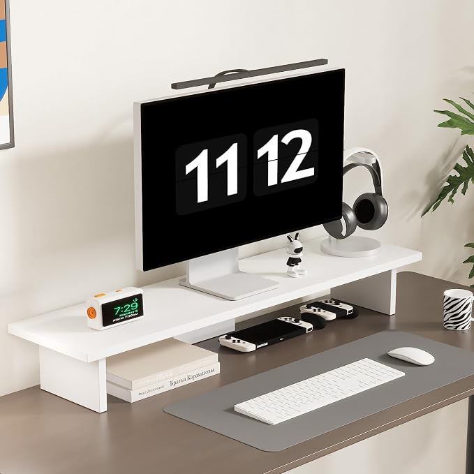 Monitor Stand Riser,Wood & Acrylic Computer Monitor Stand with LED Light,Desk Accessories Desktop Organizer Stand for Computer,Laptop,Printer,PC & TV Screen Riser… (All White) by LAQUEENIE