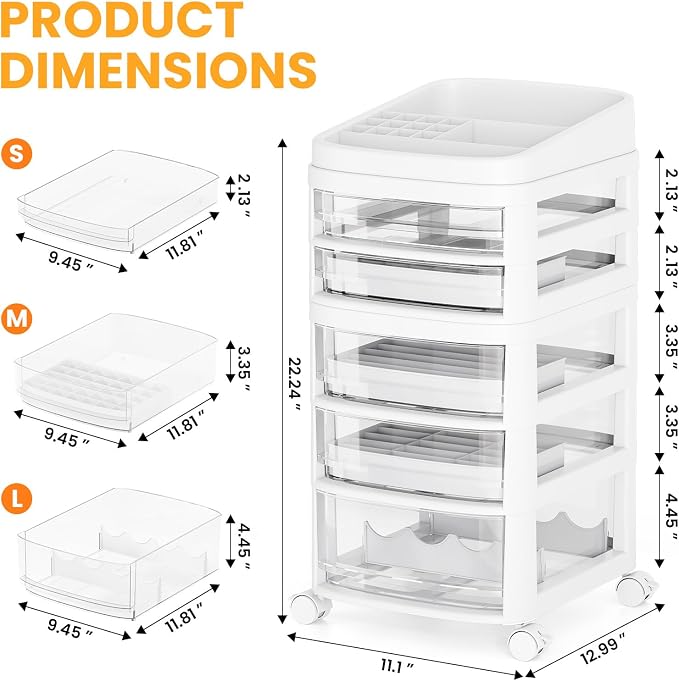 Rolling Cart with 5 Drawers, Clear Plastic Drawer Organizers, Vanity Cart | Dust Proof Under Desk Storage with Dividers for Makeup, Skincare, Art Crafts and Baby Items, Acrylic Cosmetic Organizer - Image 3