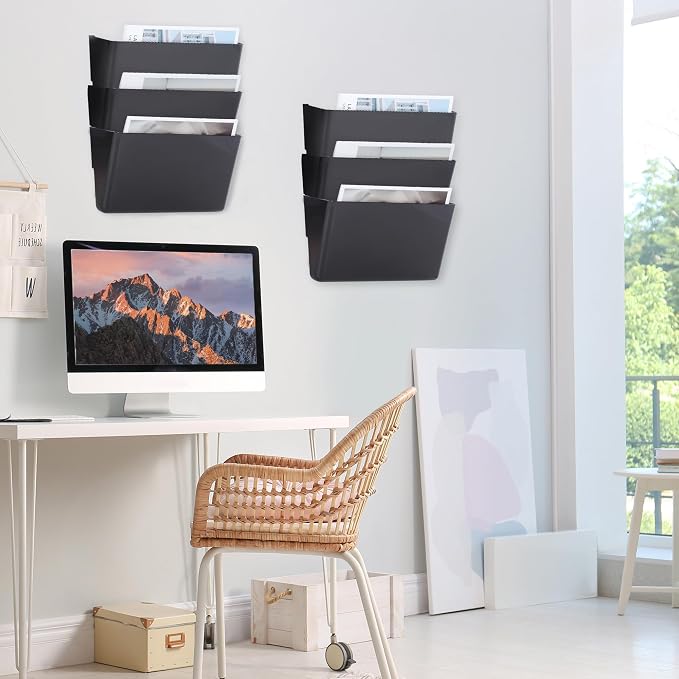 6 Pack Black Plastic Single Pocket Hanging File Organizer, Wall Mount Paper Mails Magazines Holder, Mounted Folder Bins for Office School and Home, 12.99x4.13x7.48 inches - Image 5