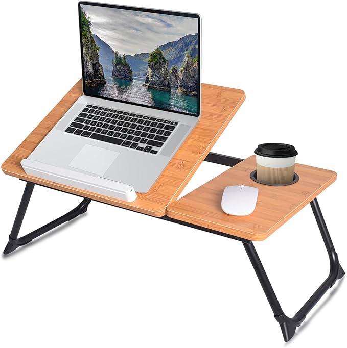 Adjustable Laptop Bed Table with Book Stand, Portable Reading Desk with Side Panel, Wood Grain by wishaccDirect