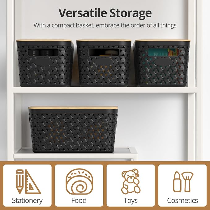 Plastic Storage Bins with Bamboo Lids, Stackable Small Box Baskets for Organizing and Containers for Shelves Drawers Desktop Closet Pantry Classroom Office Home, 4 Pack 12x7.3x6.2 Inch, Black - Image 5