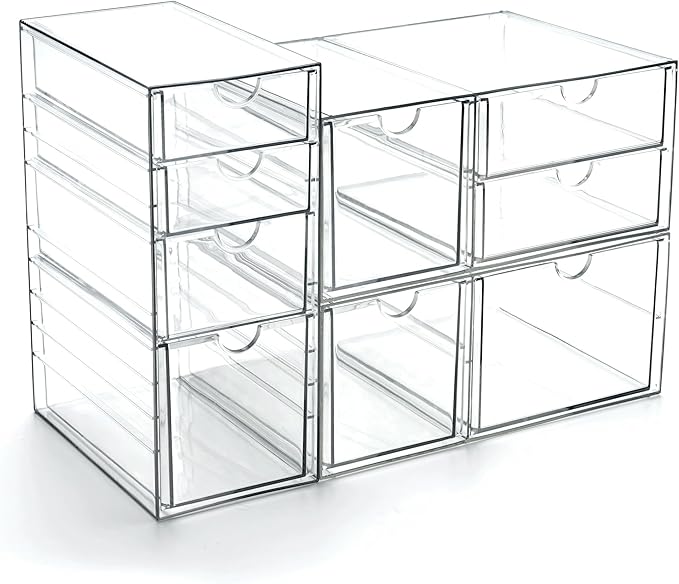 Prsildan Acrylic Drawer Makeup Organizer with 9 Drawers, Set of 3 Office Desk Organizers Accessories, Clear Stackable Storage Drawers for Vanity, Countertop, Craft, Jewelry, Art Supply Organization by Prsildan