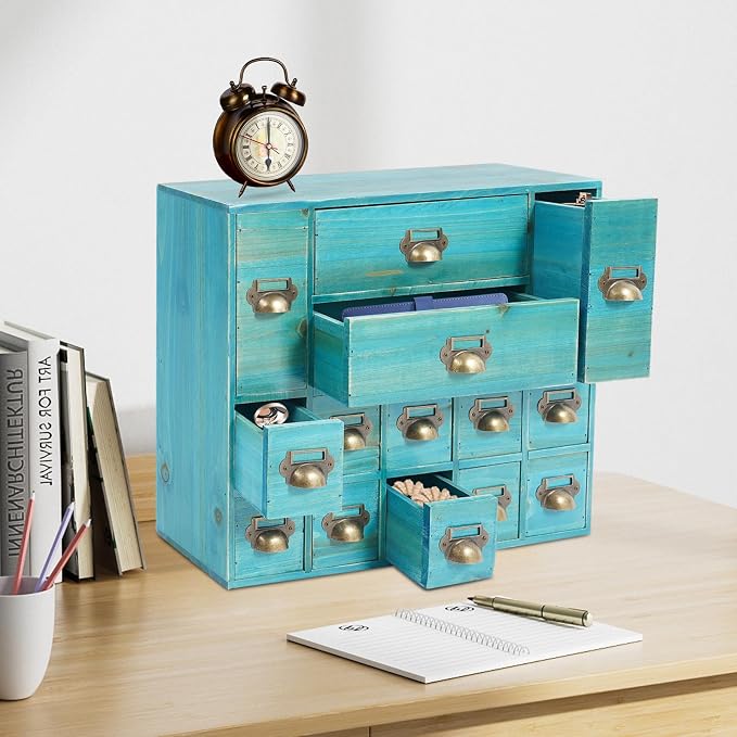 14-Drawer Apothecary Cabinet - Wooden Storage Box - Vintage Chest of Drawers - Multipurpose Tool Box - Desktop Drawer Organizer for Herb Storage, Apothecary Diaries, Tea Collection - Blue - Image 3