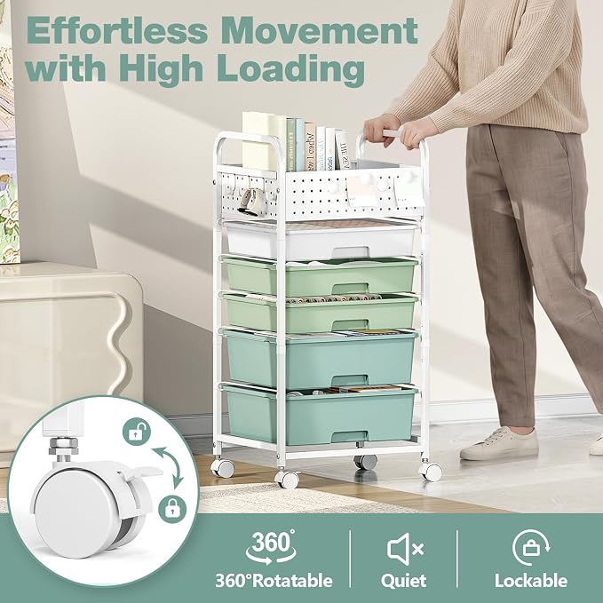 5 Drawer Rolling Storage Cart with Pegboard Top and Hooks, Gradient Green | Mobile Organizer Cart with Wheels for Office Supplies, Craft Storage, Classroom Organization, Home Utility Cart - Image 5